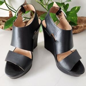 Black Audrey Brooke ‘Megan’ Leather Wedge Sandals Size 7
